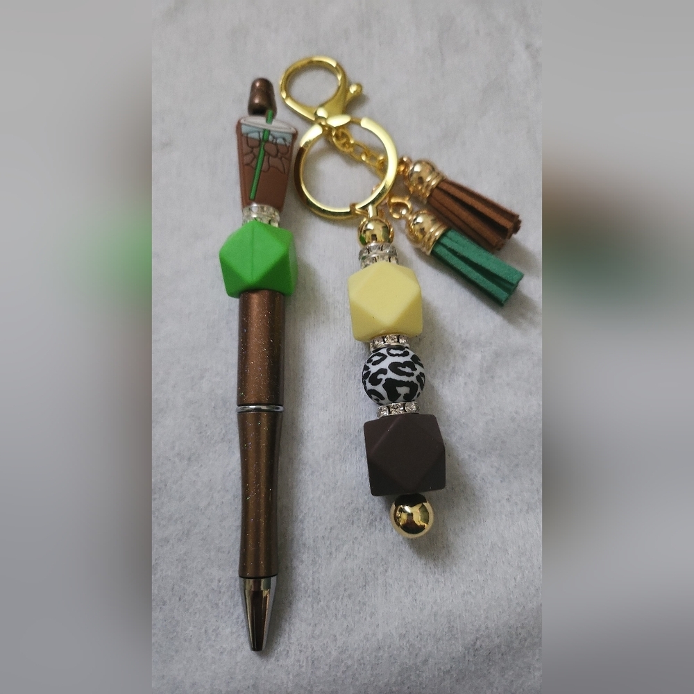 Coffee theme pen and keychain combo set.